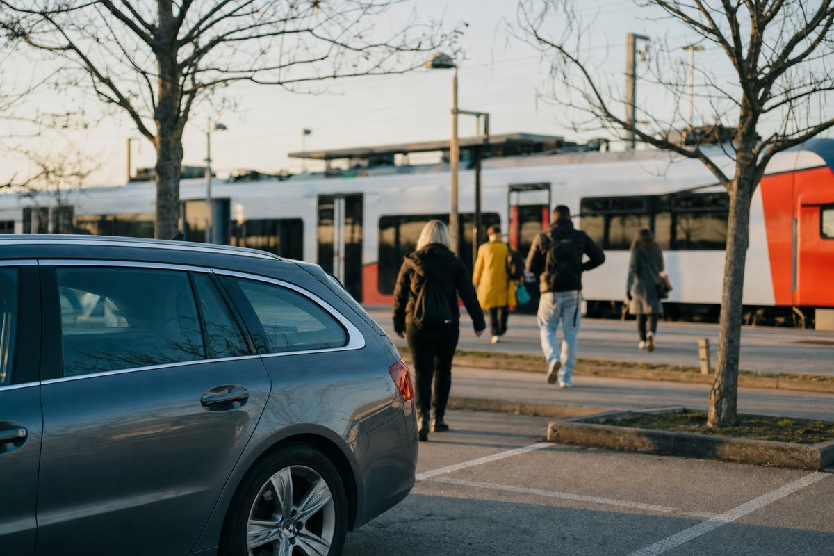 Park-and-Ride-Situation an einem Bahnhof: ein geparktes Auto im Vordergrund, dahinter Pendler auf dem Weg zu einem Regionalzug