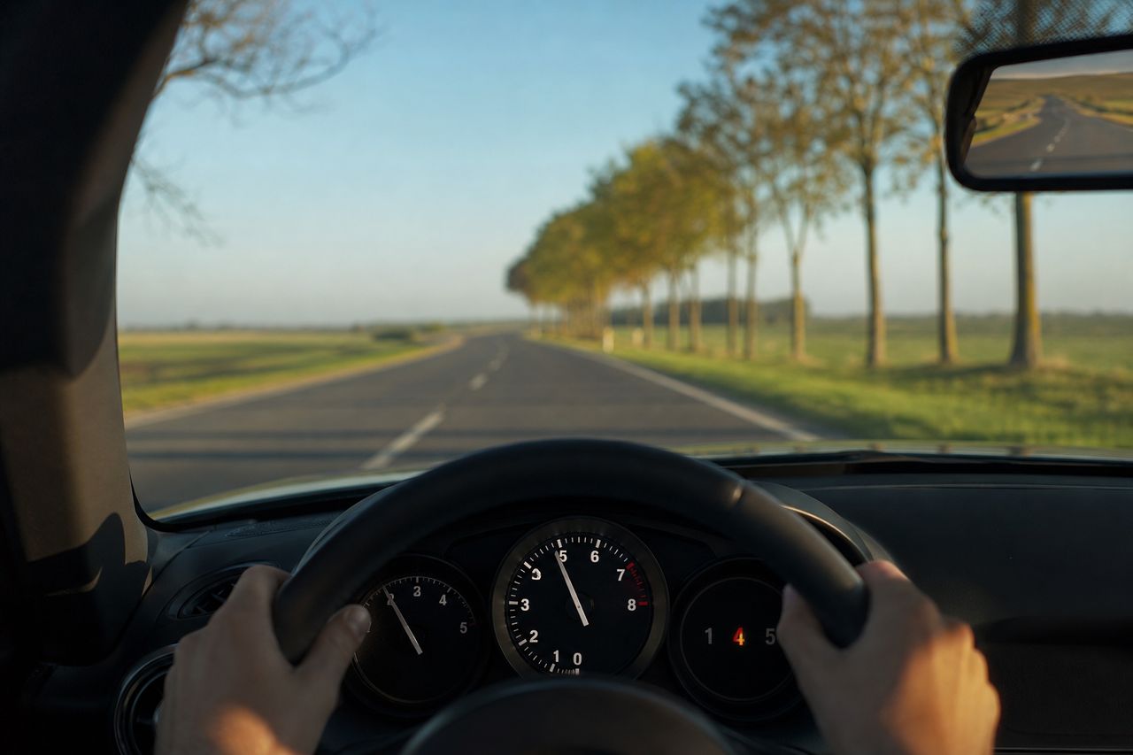 Cockpit-Ansicht mit Drehzahlmesser und Ganganzeige während einer ruhigen Fahrt