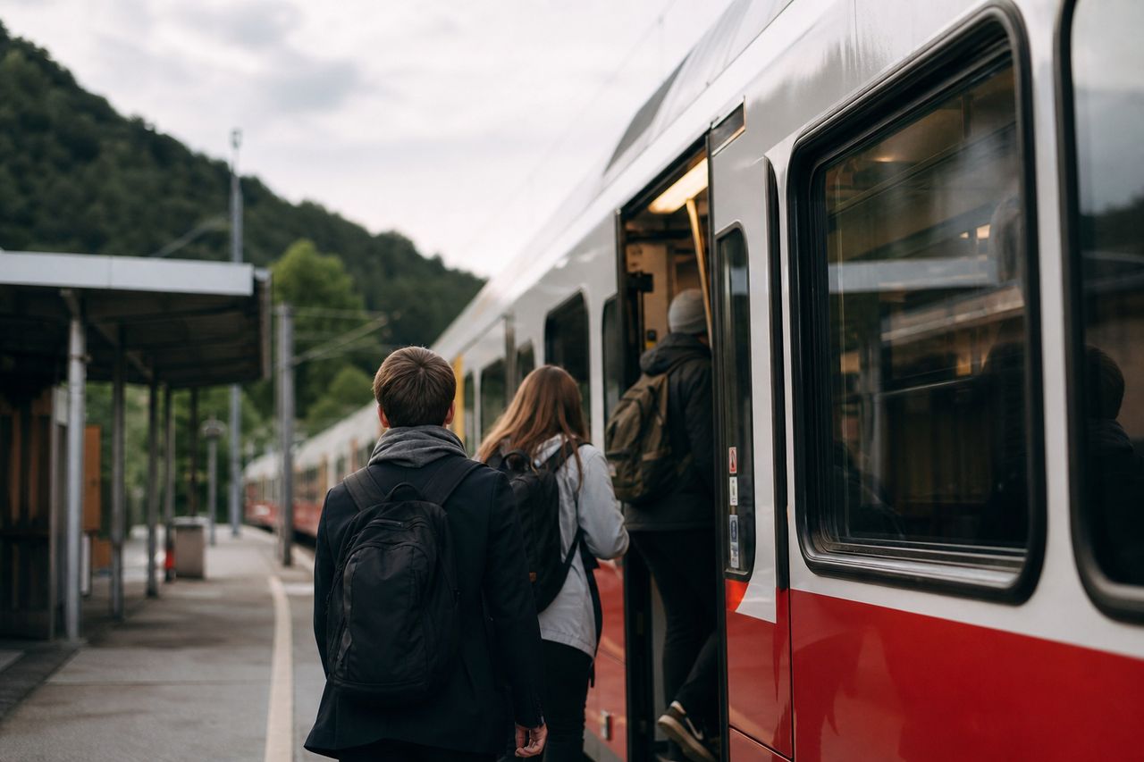 Regionalzug hält an einem Bahnsteig im Wienerwald, Pendler steigen ein