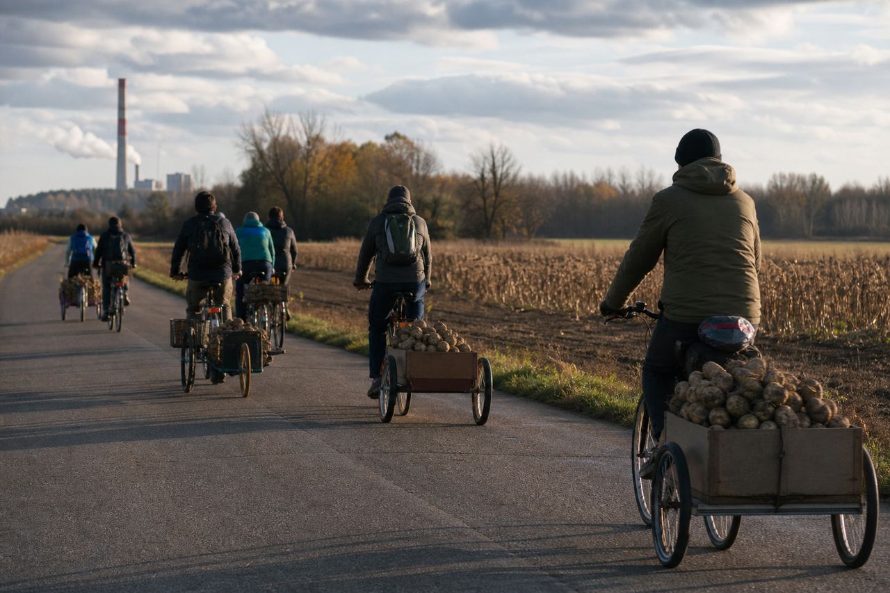 Gruppe von Radfahrern transportiert auf einer Landstraße Zuckerrüben in Anhängern und Körben