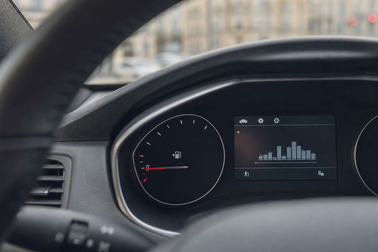 Tankanzeige und Bordcomputer mit Verbrauchsanzeige in einem Auto