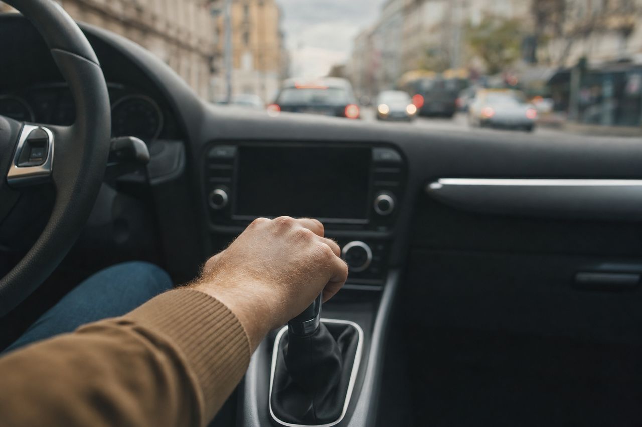 Hand am Schalthebel eines Autos im Wiener Stadtverkehr – sinnbildlich für spritsparendes, vorausschauendes Fahren