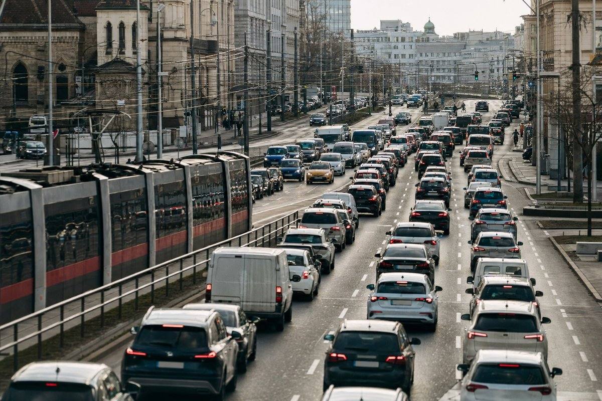 Dichter Stop-and-go-Verkehr auf einer mehrspurigen Wiener Hauptstraße mit einer Straßenbahn am linken Fahrbahnrand