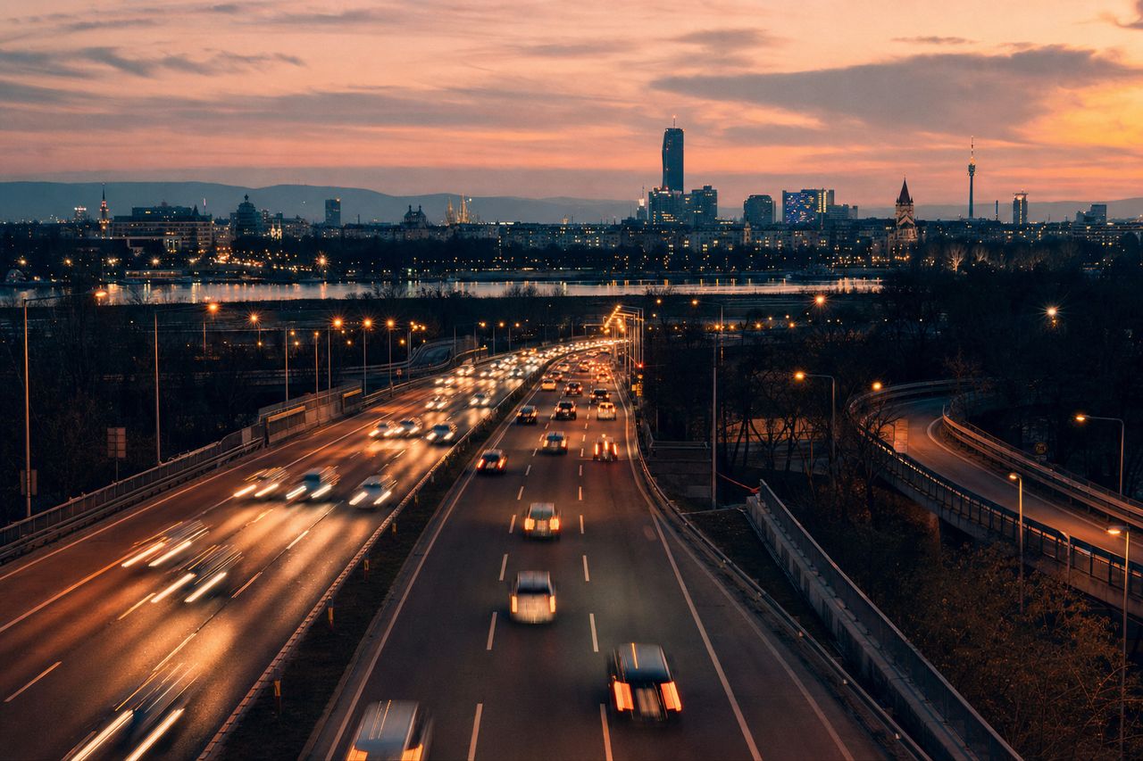 Verkehr auf einer mehrspurigen Wiener Stadtautobahn in der Abenddämmerung mit Blick auf die Skyline