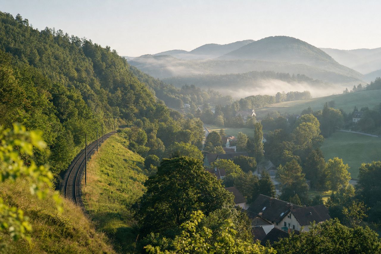 Bewaldete Hügellandschaft des Wienerwalds mit einer Ortschaft und einer Bahnlinie im Tal